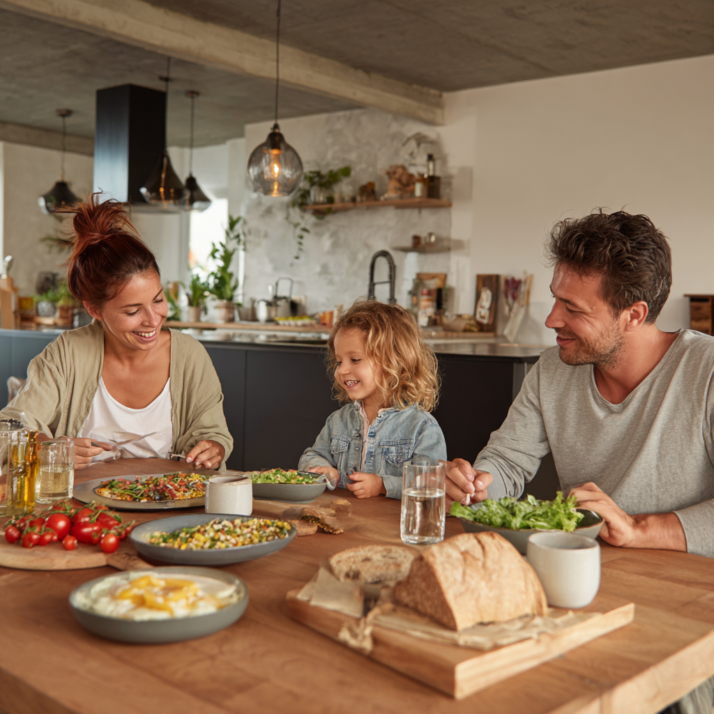 Smiling Romanian adults preparing healthy meals together in a bright kitchen, showcasing the joy of mindful eating and meal planning