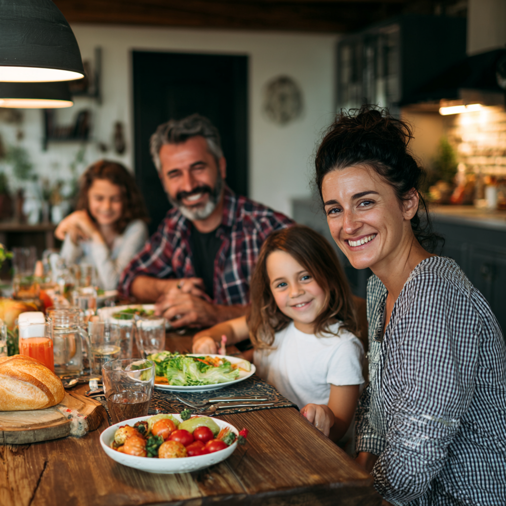 Romanian adults of various ages discussing meal planning around a table with healthy foods, representing personalized nutrition guidance