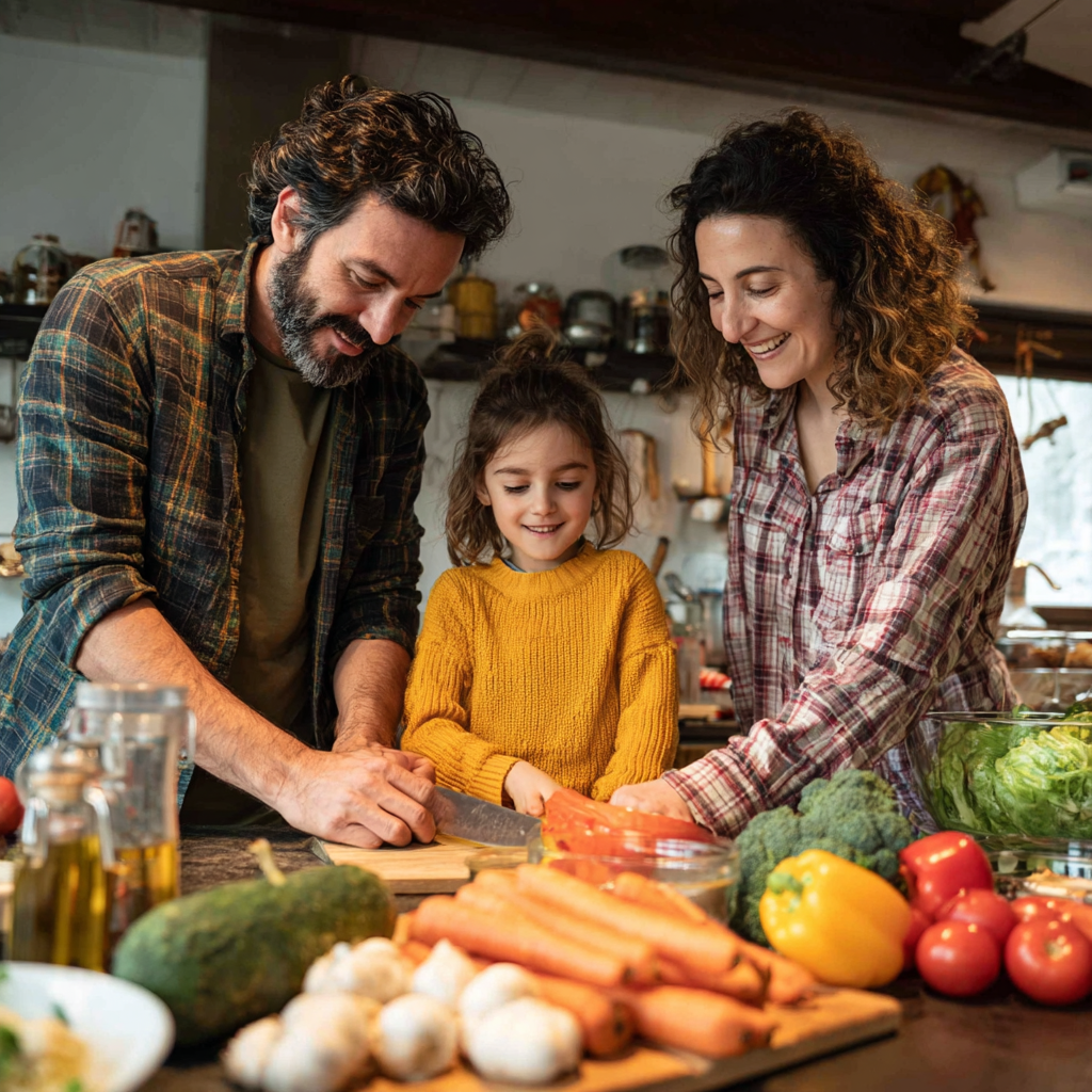 Diverse group of happy Romanian adults enjoying a healthy meal together, representing the success and community aspect of proper nutrition timing